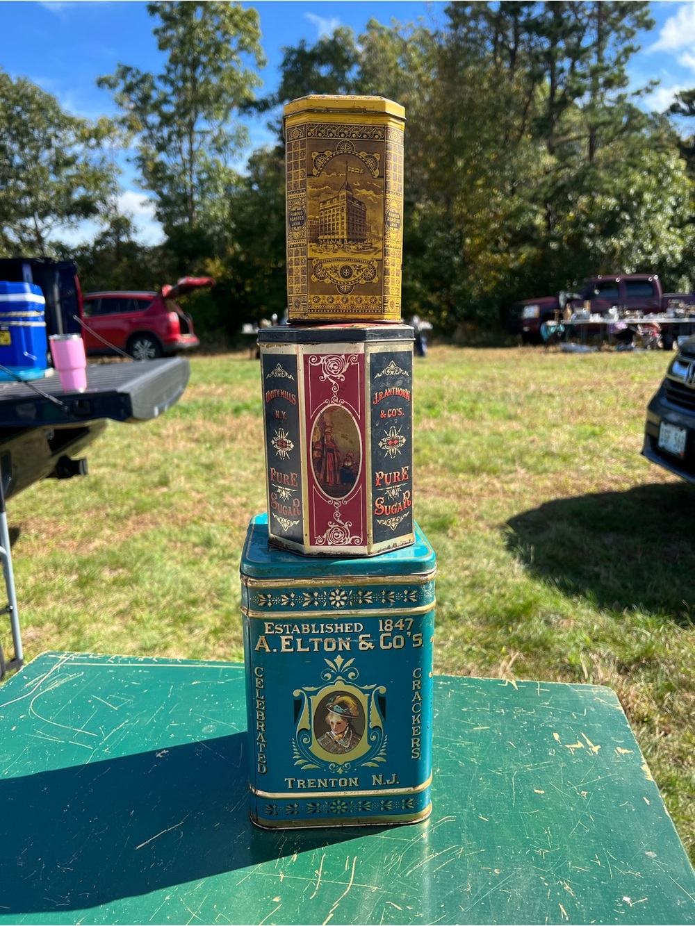 Vintage Reproduction Decorative Tin Set in Blue, red and yellow. Set of 3